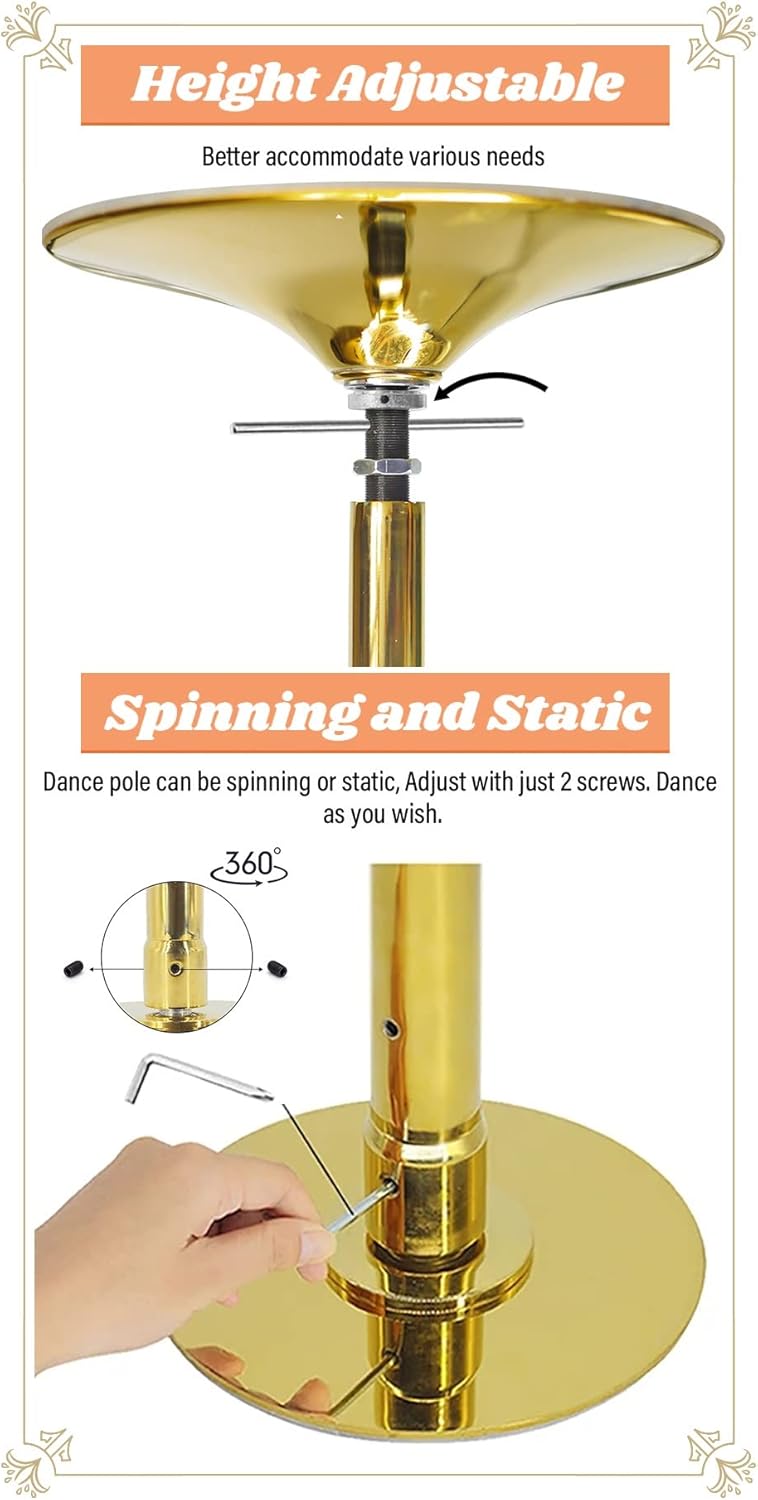 Kit Barre de Pole Dance Dorée 0,45m Rotatif et Statique – Strip-teaseur Pro Portable pour Maison/Gym – Image 3