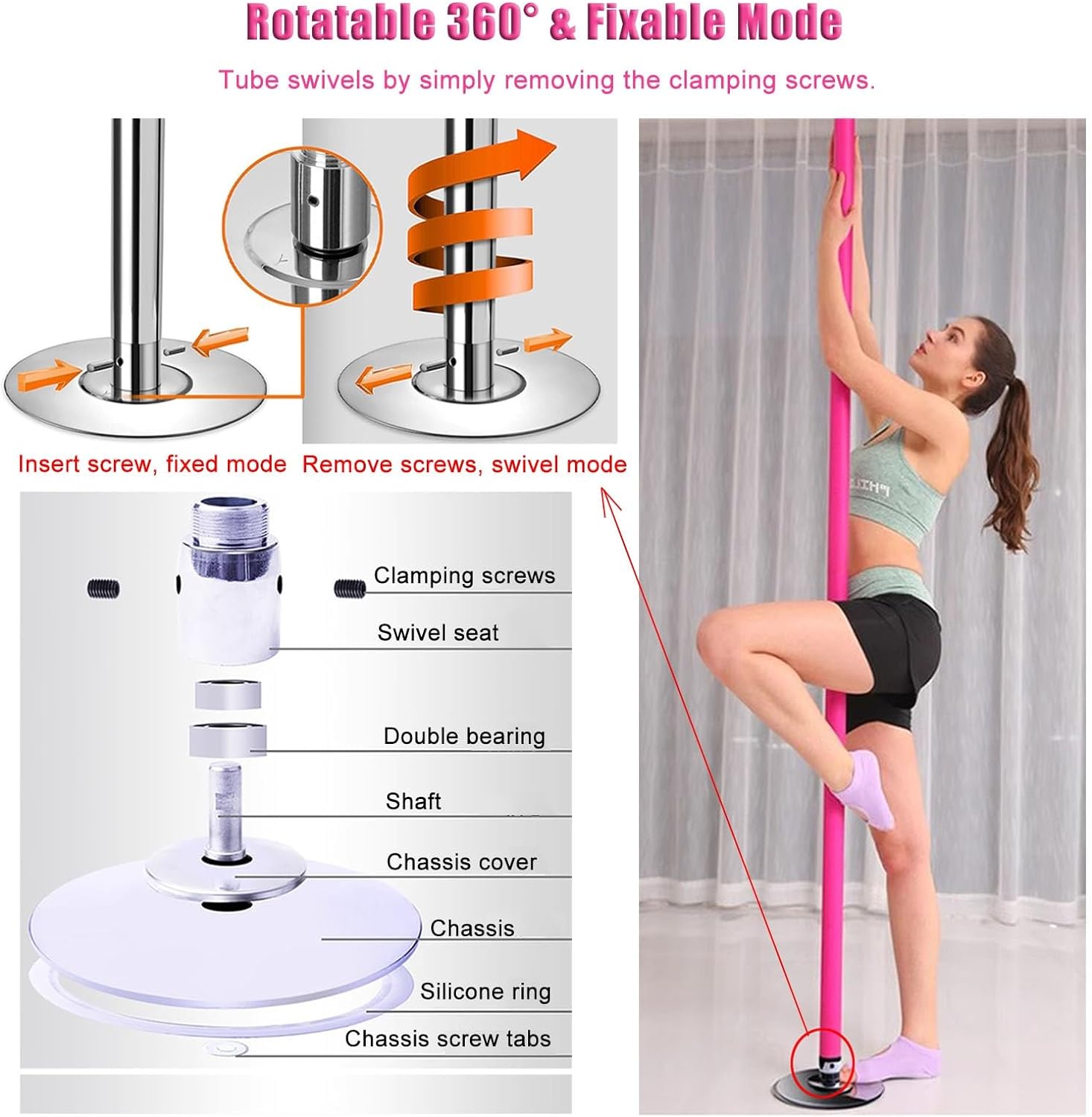 Pole Dance sur Pied en Silicone, Rotatif/Statique, 2,3-3 m, Kit Portable pour Fitness/Exercice – Image 5