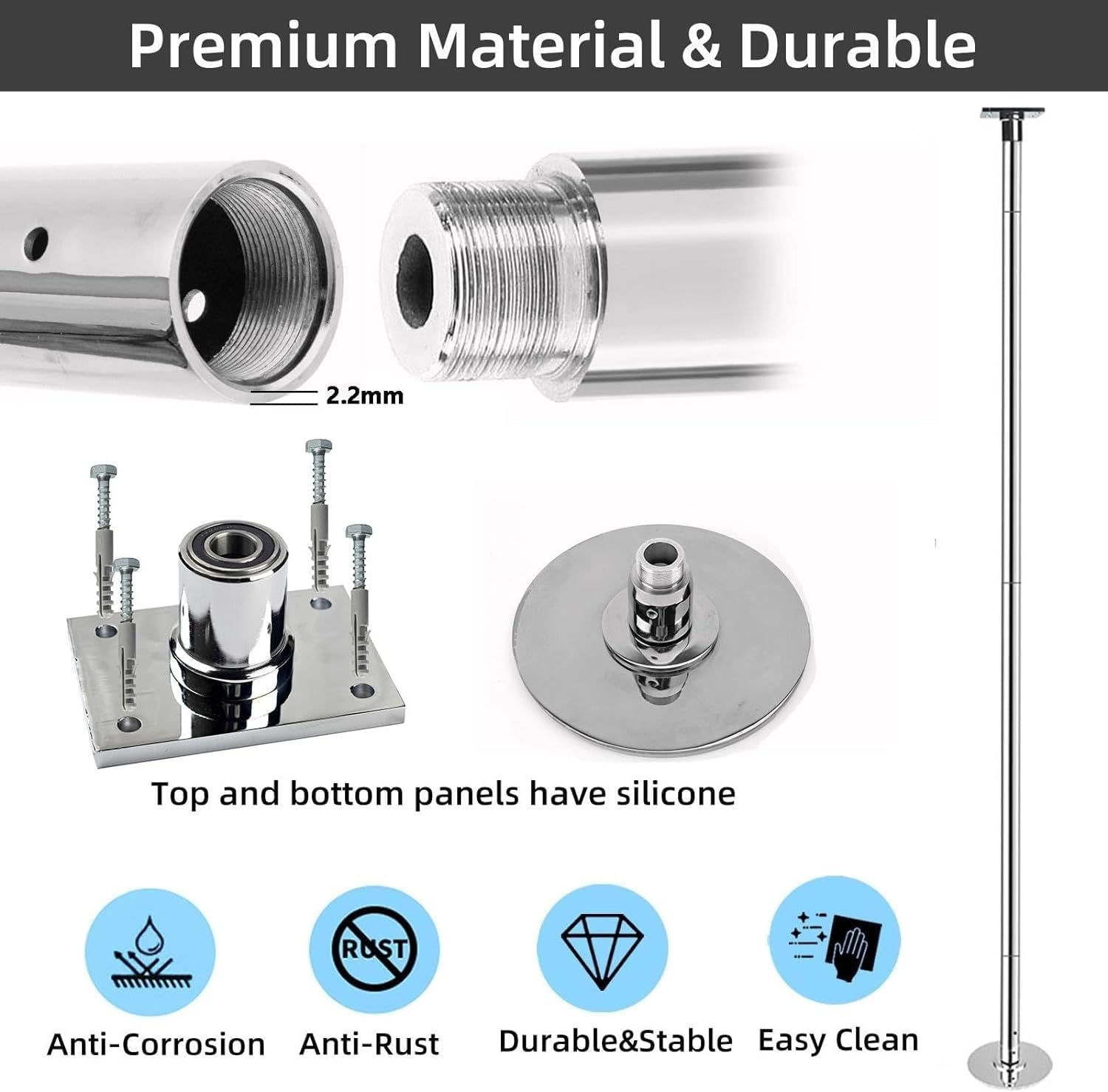 Pole de Danse Argentée, Hauteur 3m-3.7m, Charge 200kg, Statique et Rotatif – Image 5