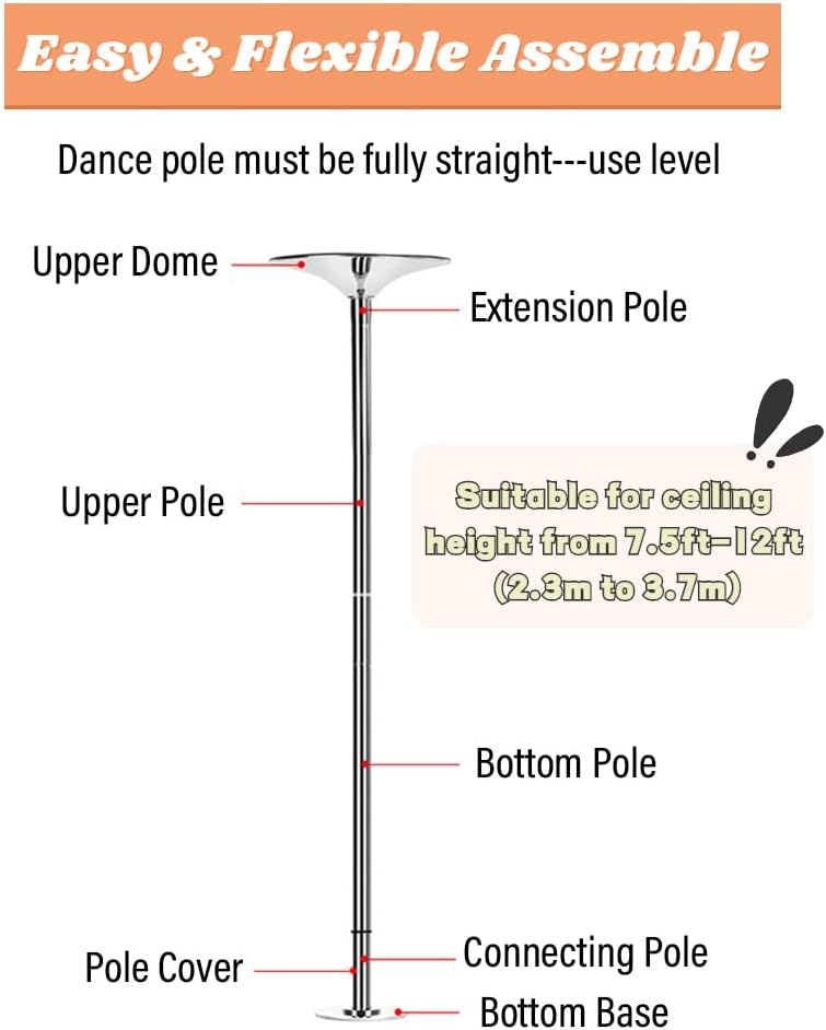 Barre de Pôle Dance 3.65m - Diamètre 45mm, Portable et Amovible, Usage Domestique ou Club, Connexion Réglable et Lisse – Image 2