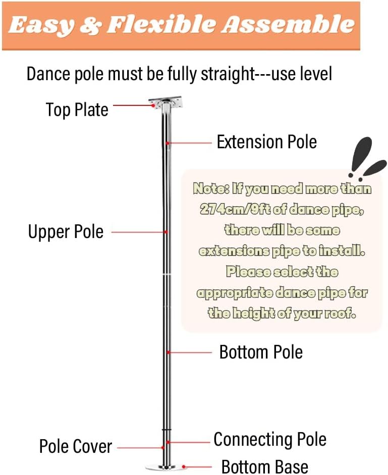Kit Pole Dance, Barre de Pôle Dance avec Support de plafond, Poteau Rotatif/Statique pour Hauteurs de 2.74m à 3.66m – Image 4