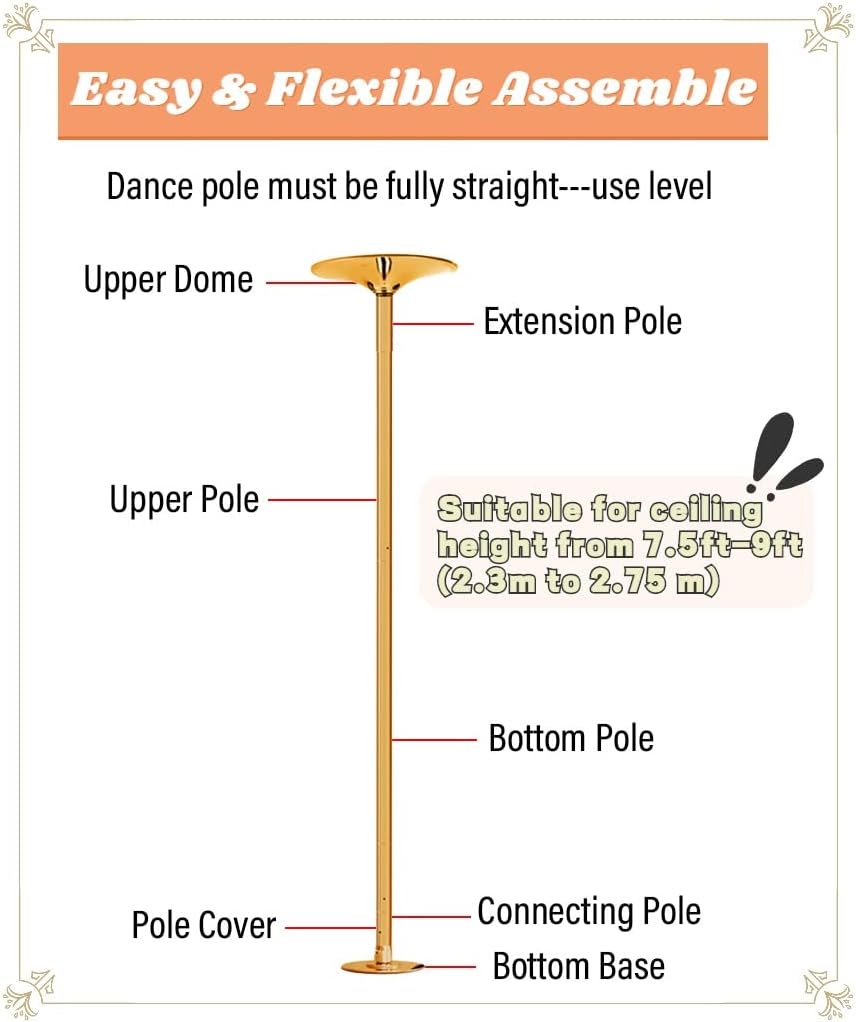 Kit Poteau de Pôle Dance Portable Doré pour Maison, Club, Chambre, Appartement - Poteau Amovible et Robuste (3,37 m). – Image 2