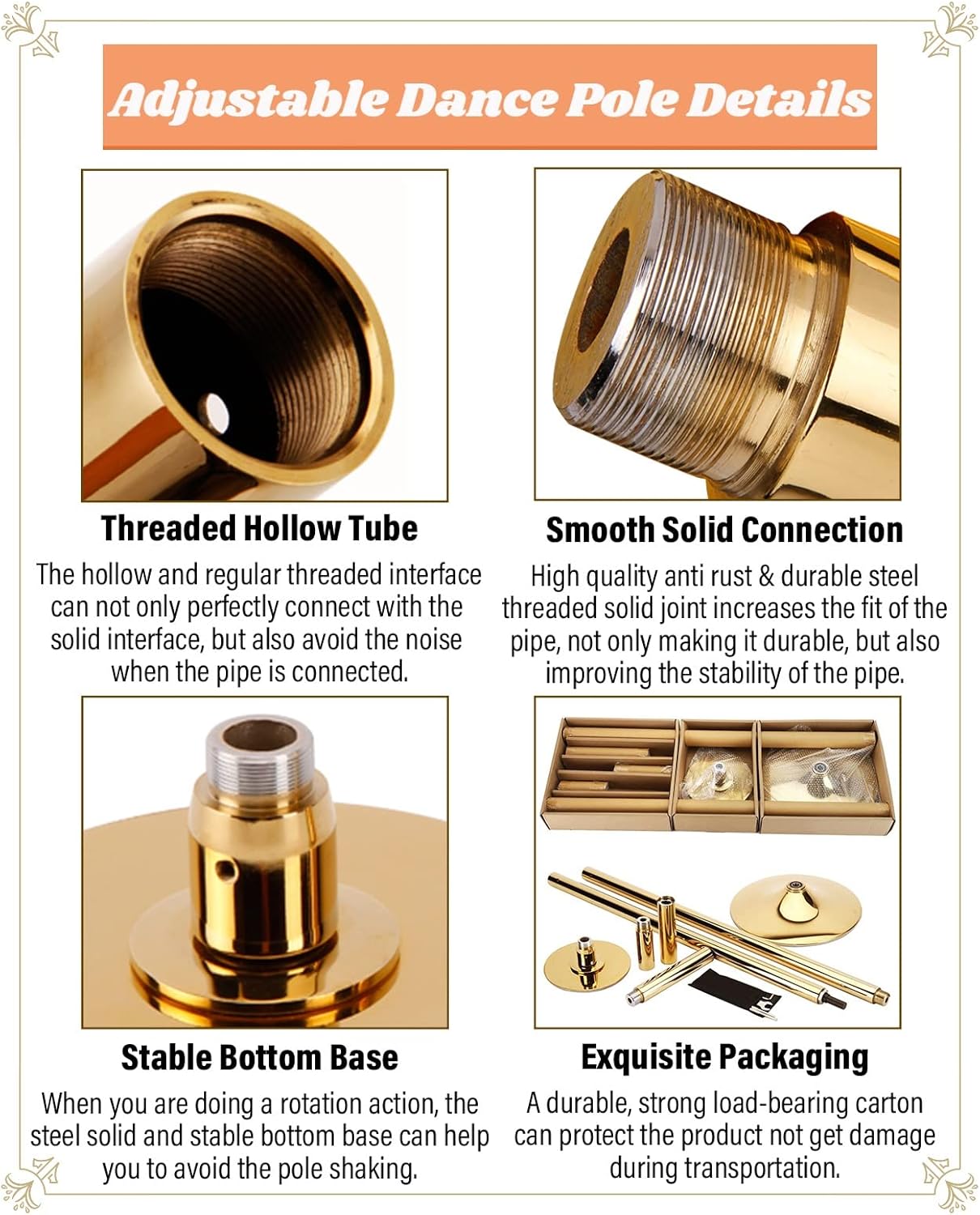 Kit Poteau de Pôle Dance Portable Doré pour Maison, Club, Chambre, Appartement - Poteau Amovible et Robuste (3,37 m). – Image 5