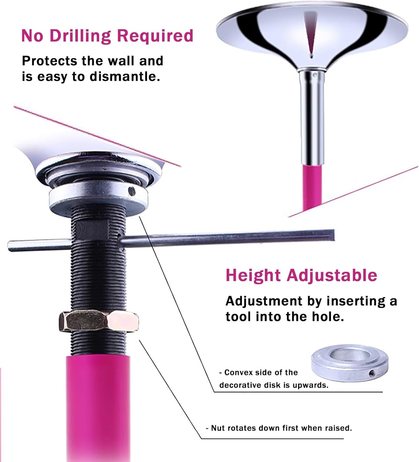 Barre de Pole Dance Rotative Amovible Rose, Réglable 2,28m-3,11m, Métal avec Silicone 45mm – Image 4