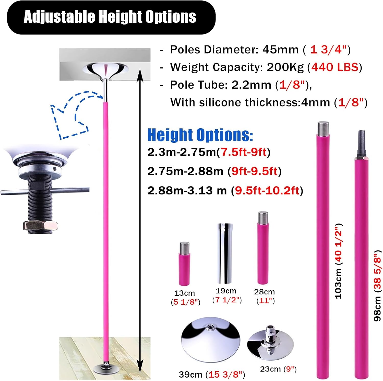 Barre de Pole Dance Rotative Amovible Rose, Réglable 2,28m-3,11m, Métal avec Silicone 45mm – Image 5
