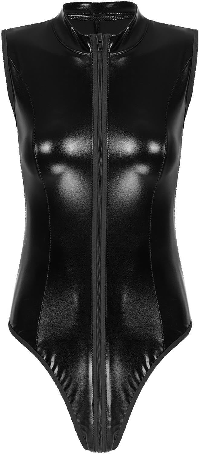 Combinaison Vernie Femme XL Sans Manches Justaucorps Noir – Image 5