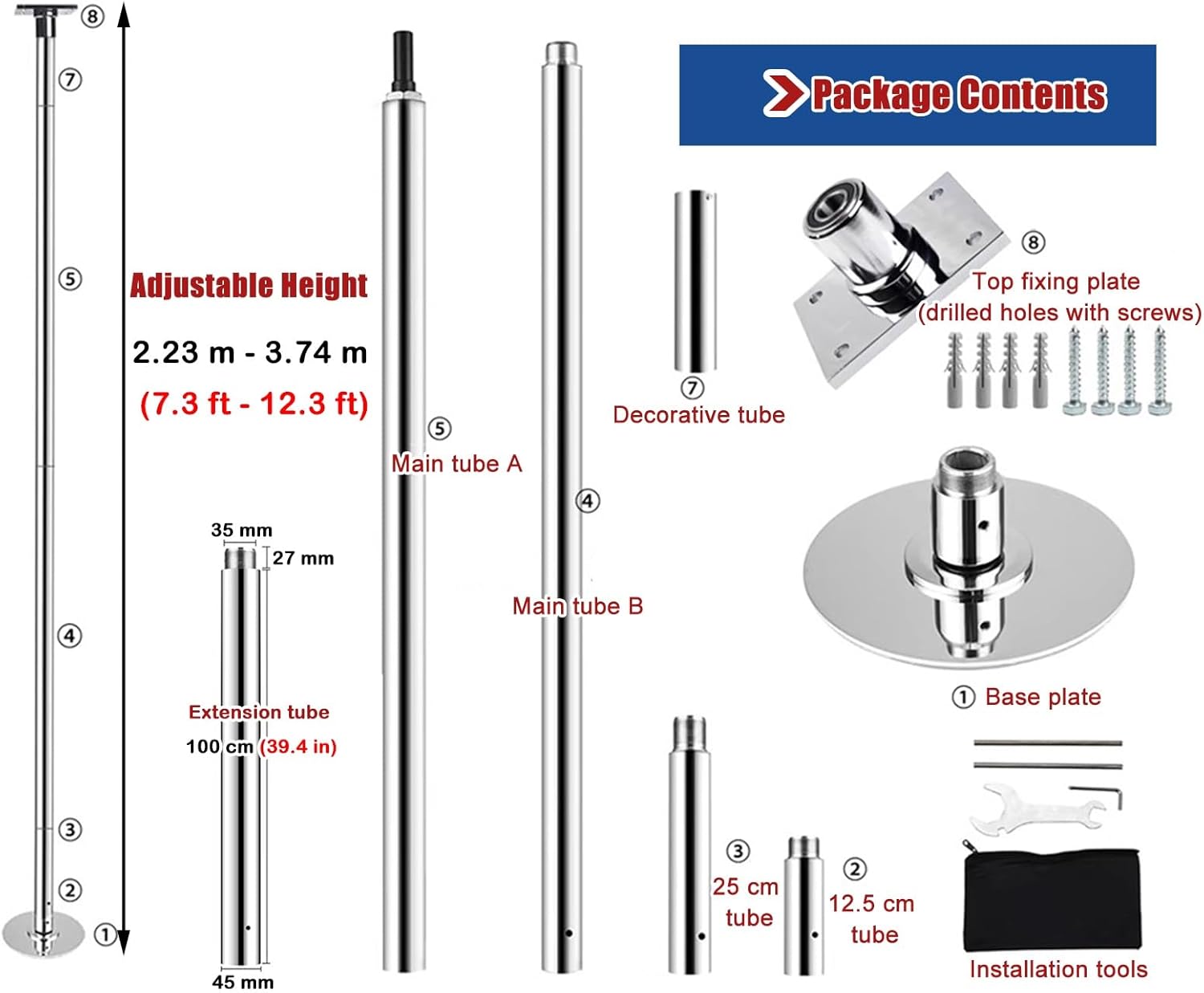 Barre de Pole Dance 2,44m à 3,66m, Fixation Plafond, Statique et Spinning, Salle de Gym/Yoga – Image 5