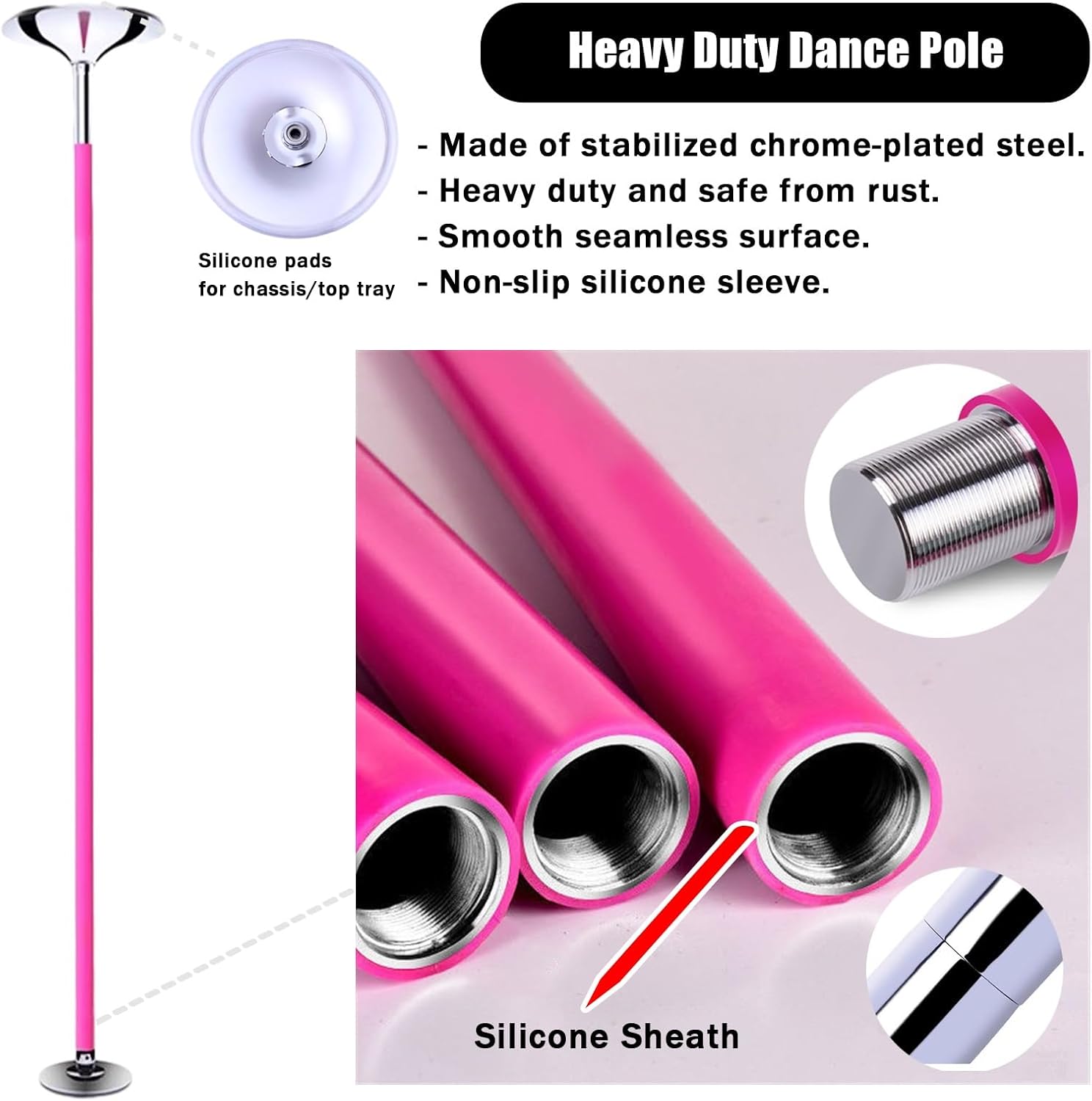 Barre de Pole Dance en Silicone Rose pour Plafond, Pivotante et Statique, Portable et Professionnelle (2,2 m à 2,75 m) – Image 3