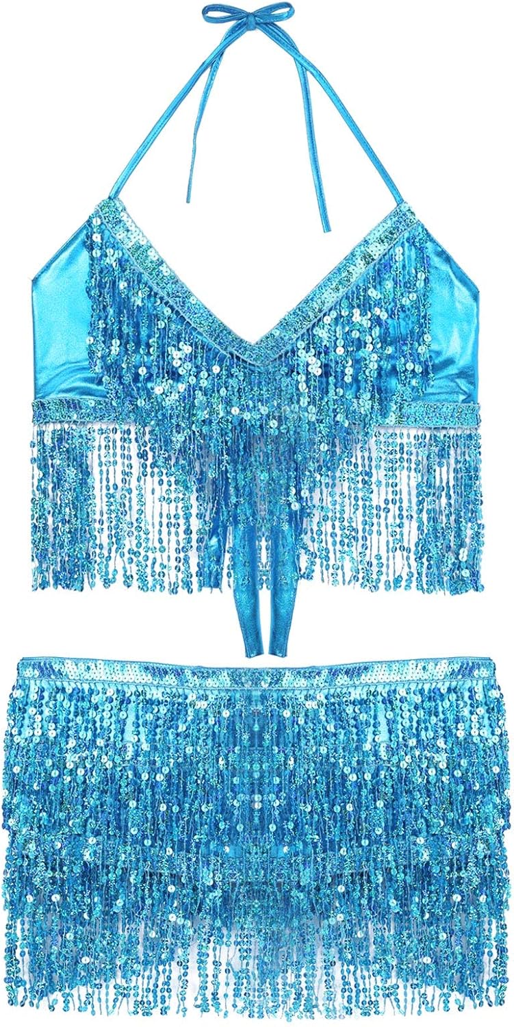 Ensemble Danse du Ventre Femme - Soutien-Gorge et Jupe à Franges Brillantes – Image 4