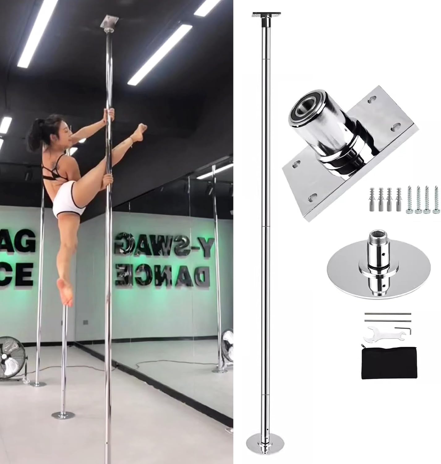 Barre de Pole Dance Amovible pour Appartement, Plafond à 2,24-2,84m, Spinning et Fixe pour Danse et Fitness