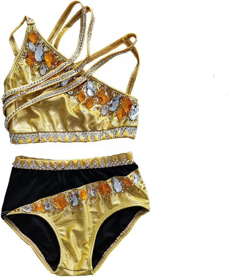 Ensemble Pole Dance Luxe Doré Deux Pièces Diamant Compétition