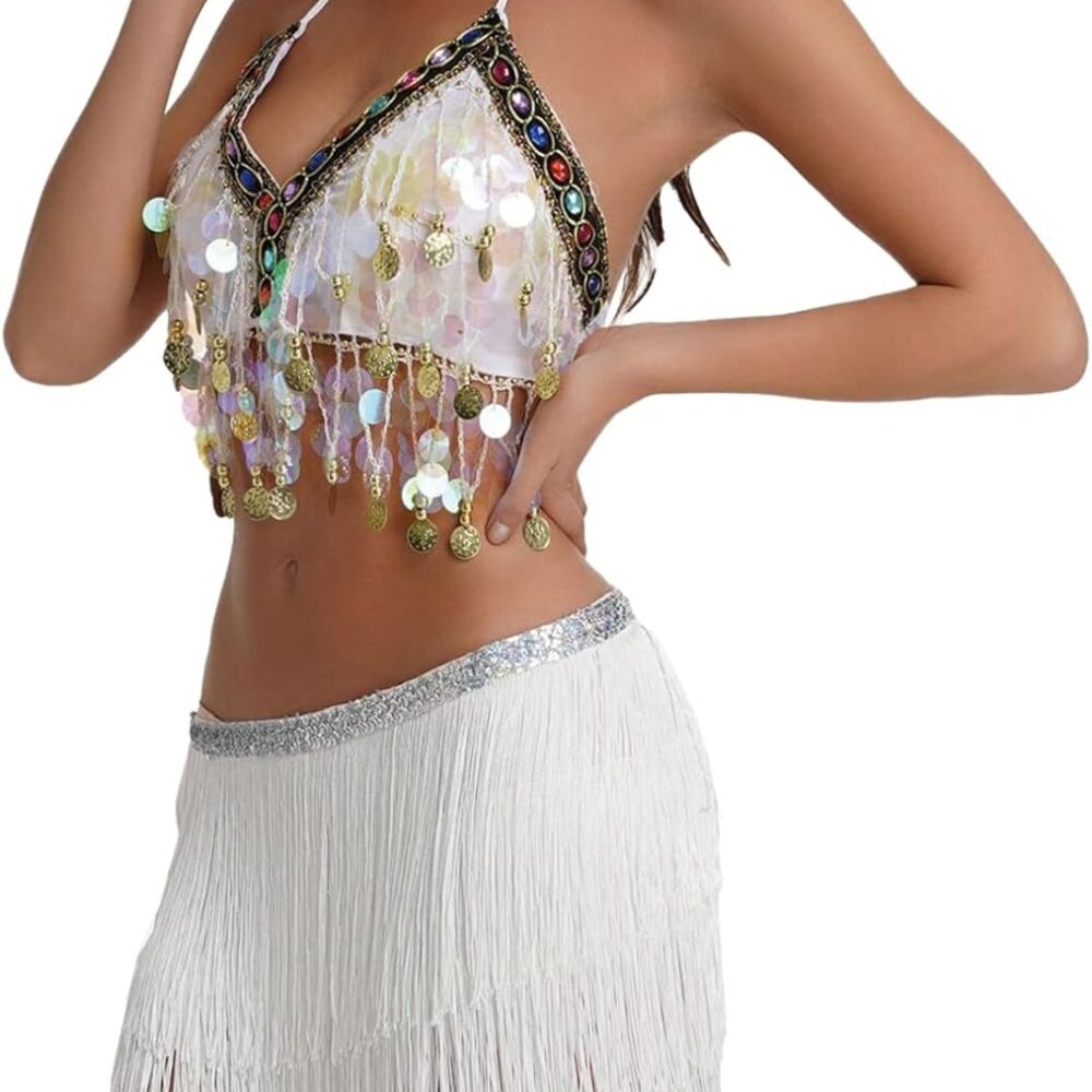 Jupe métallique à paillettes avec pompon - Costume de danse du ventre sexy femme