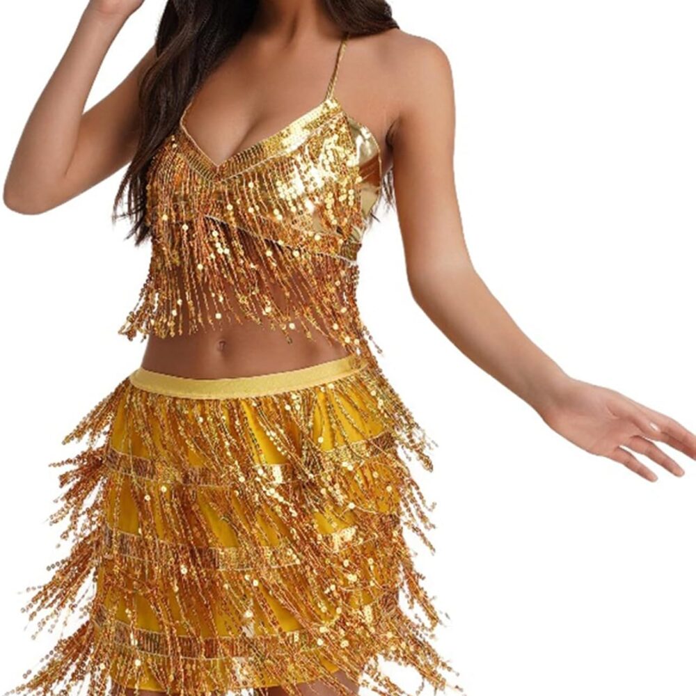 KBOPLEMQ Costume de Danse du Ventre 2 Pièces - Paillettes et Pompons - Tenue Sexy de Pole Dance et Festival