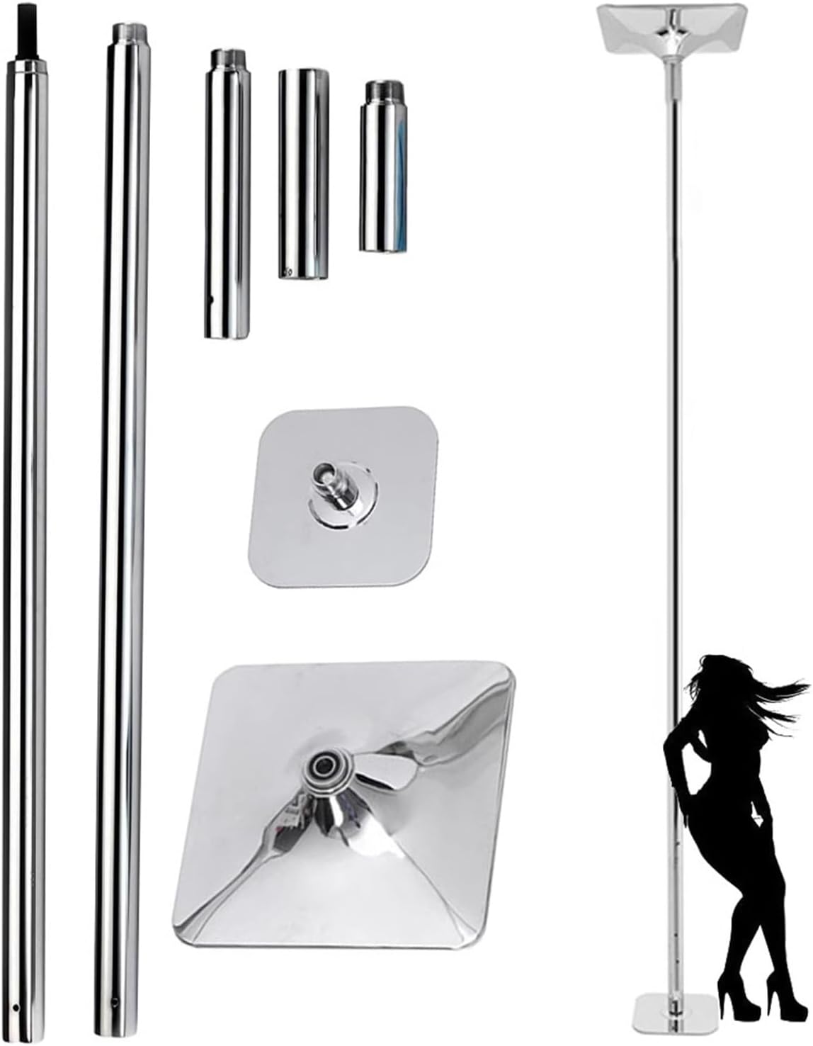 Kit Barre de Pole Dance Acier Chromé, 2.7m à 3.6m, 45mm, Pro pour Maison ou Club