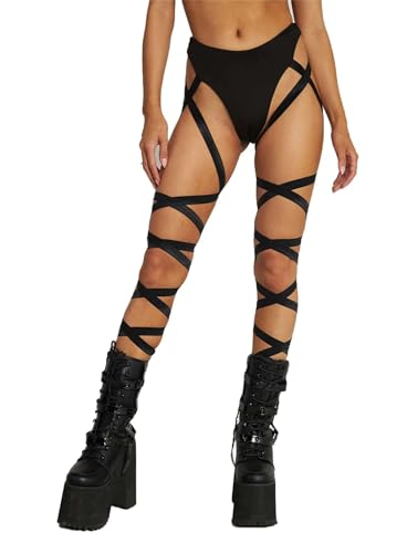 Leggings Femme Noir Taille Haute Rave - Short Sexy Festival Body Chain (L)