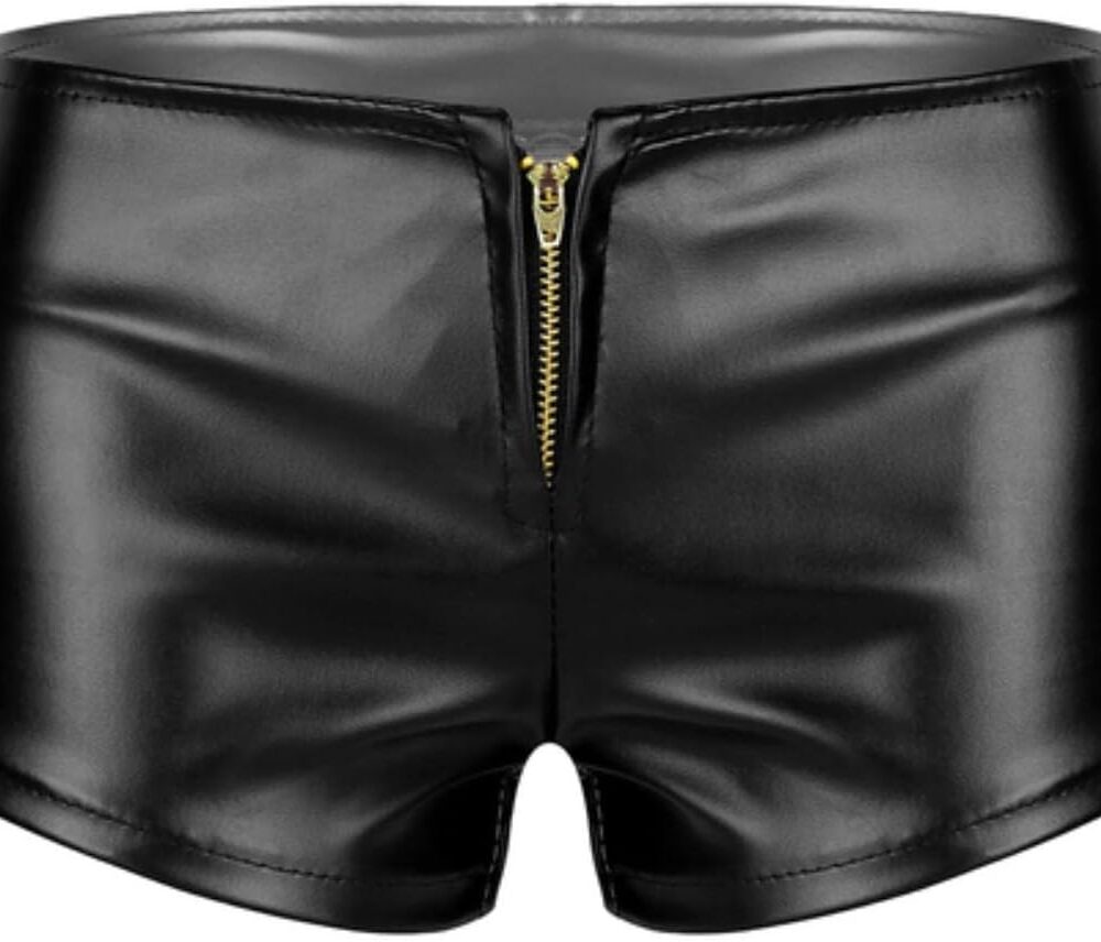 Mini Shorts Wet Look Noir en Cuir avec Fermeture Éclair - Taille S