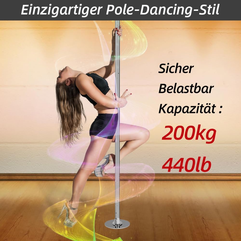 Barre de Pole Dance PRIOR FITNESS 45mm, 2 modes rotatif/statique, hauteur réglable 2,35-2,74m, charge 200kg, argenté – Image 5