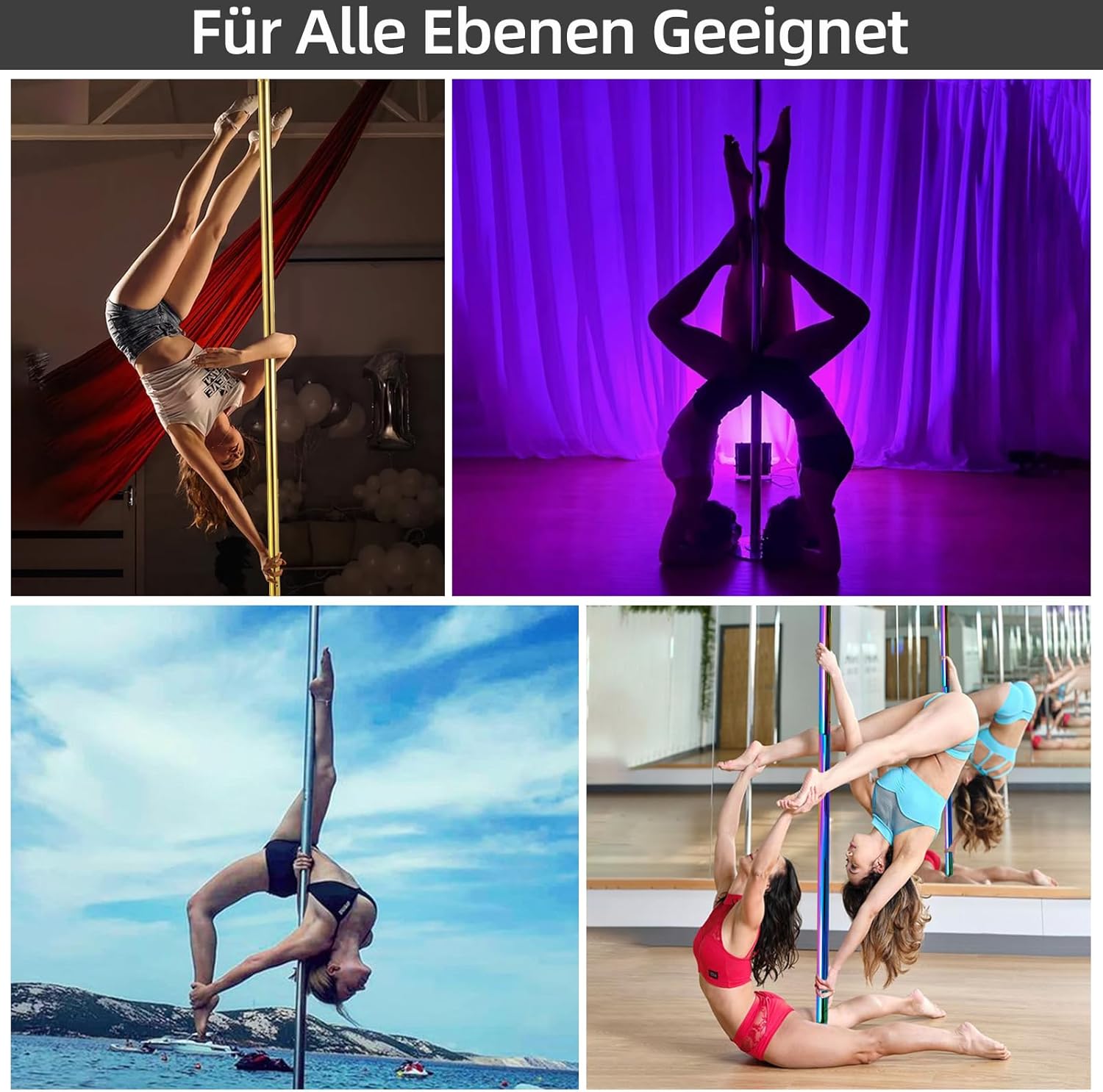 Barre de Pole Dance PRIOR FITNESS 45mm, 2 modes rotatif/statique, hauteur réglable 2,35-2,74m, charge 200kg, argenté – Image 6