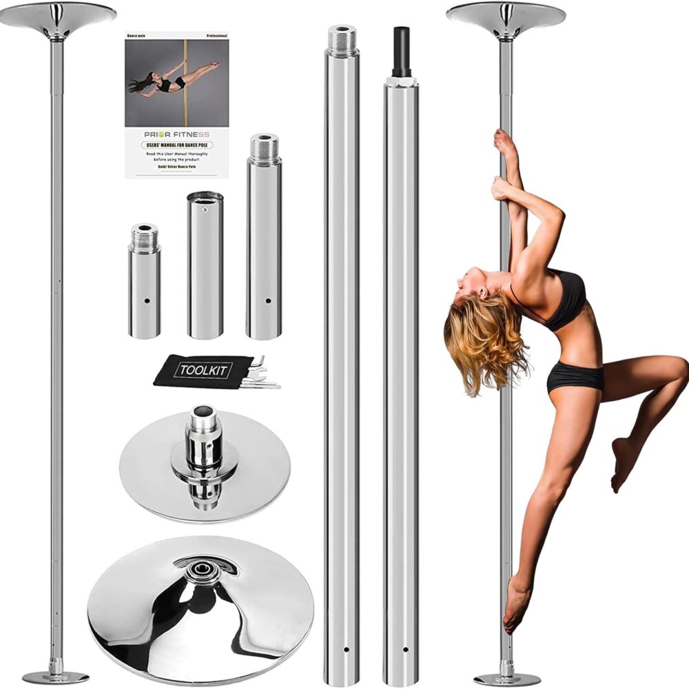 Barre de Pole Dance PRIOR FITNESS 45mm, 2 modes rotatif/statique, hauteur réglable 2,35-2,74m, charge 200kg, argenté