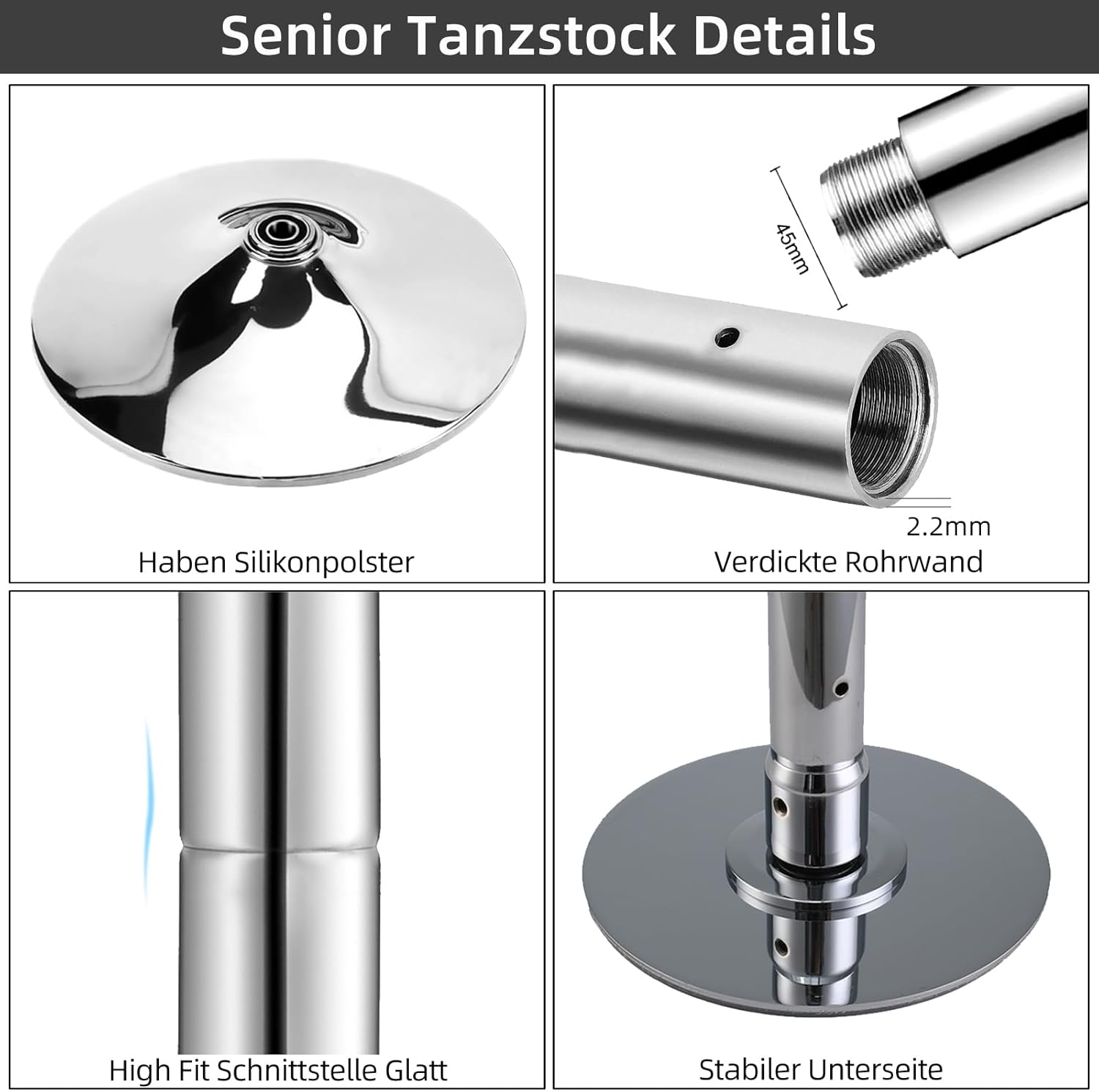 Barre de Pole Dance PRIOR FITNESS 45mm, 2 modes rotatif/statique, hauteur réglable 2,35-2,74m, charge 200kg, argenté – Image 2