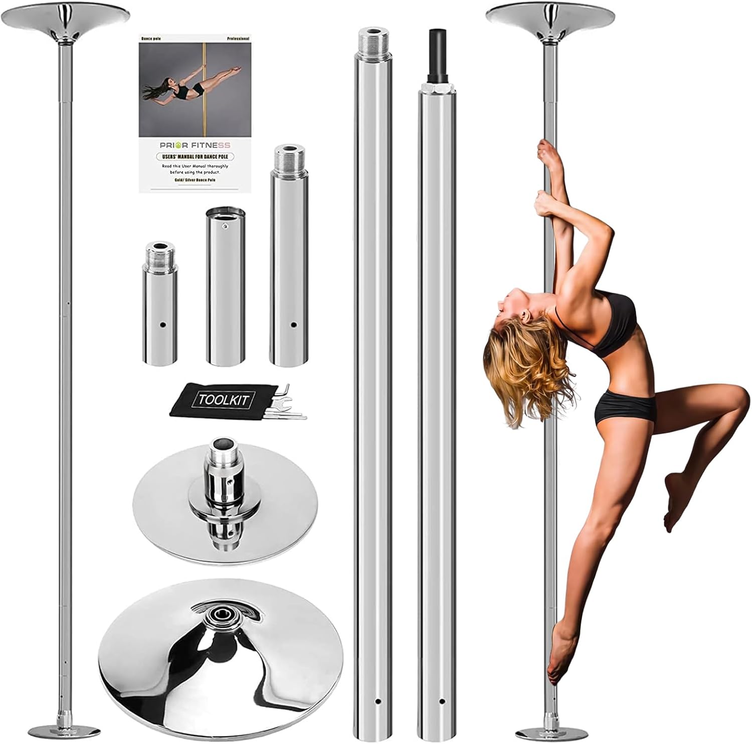 Barre de Pole Dance PRIOR FITNESS 45mm, 2 modes rotatif/statique, hauteur réglable 2,35-2,74m, charge 200kg, argenté