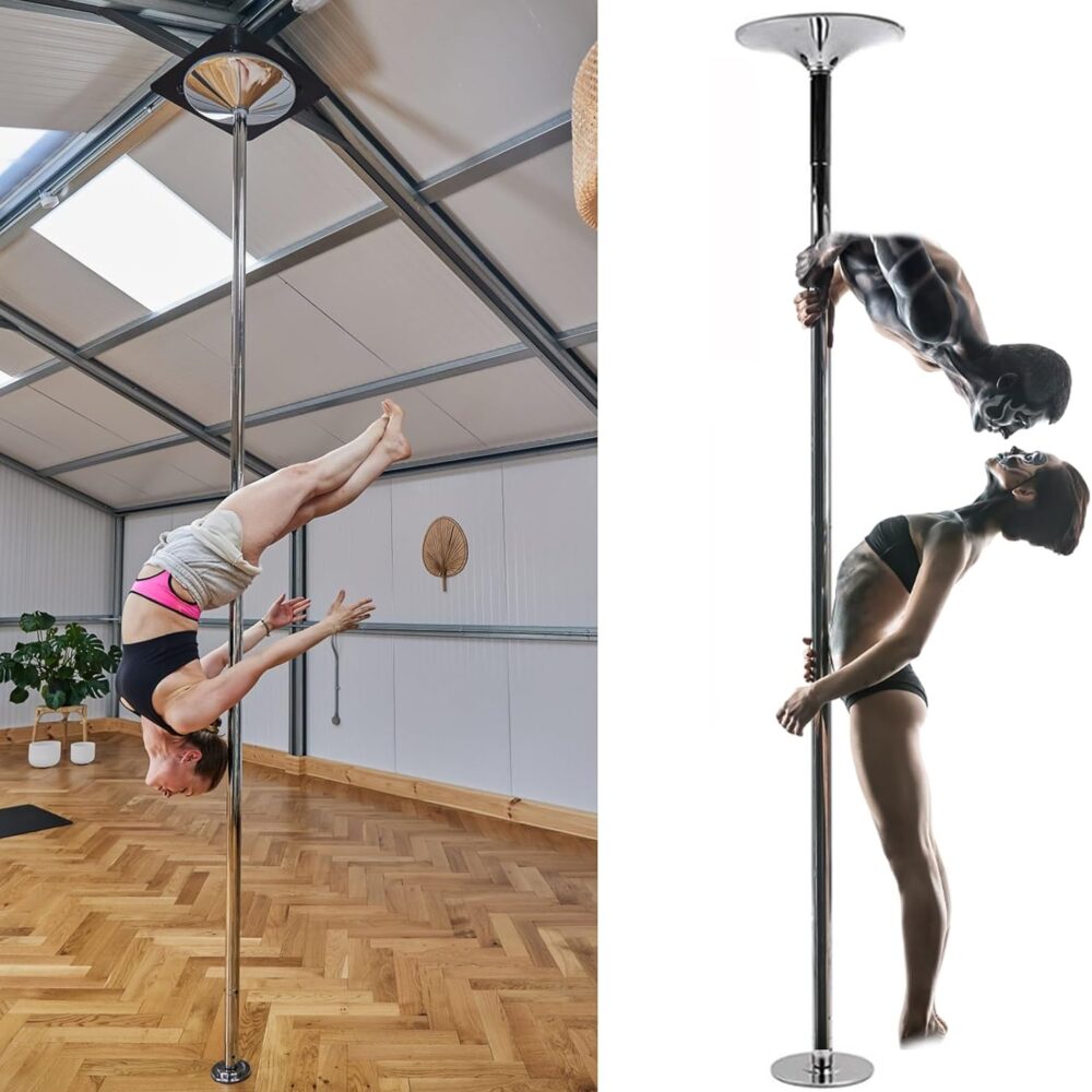 Barre de Pole Dance Portable en Argent, Extensible et Sécurisée pour Plafonds Élevés (Compétition, Statique/Spinning)