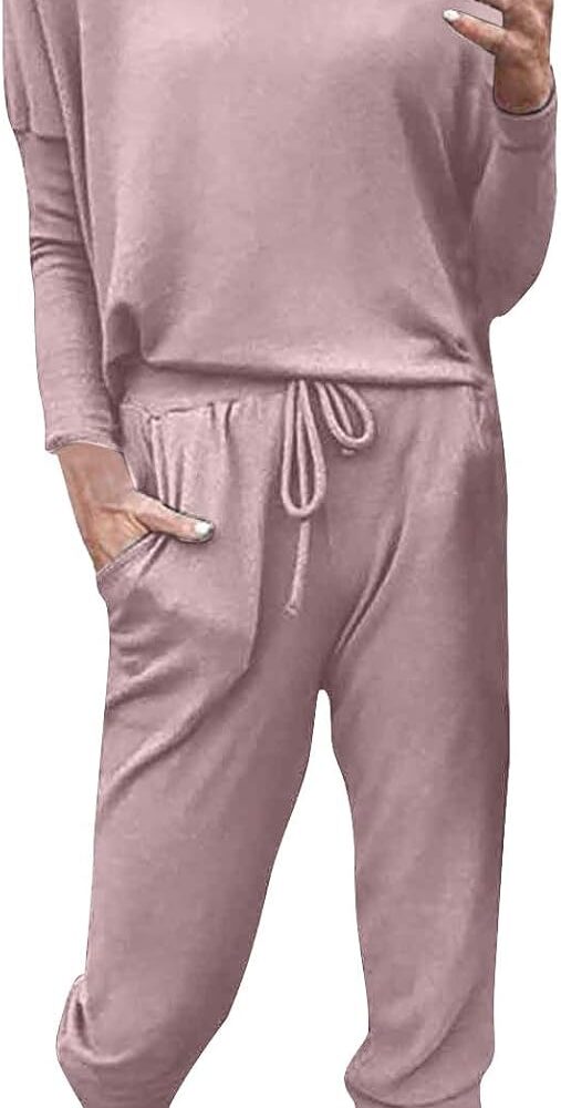 Survêtement féminin rose à manches longues avec col rond et pantalon de jogging, L